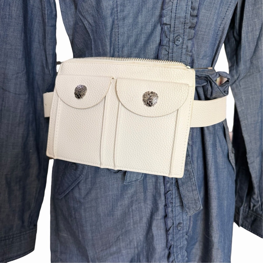 Vince Camuto White Textured Waist Belt Zip Pouch / Large Snap Pocket Adjustable